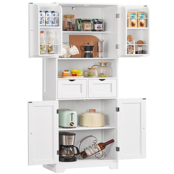 TEENFON Kitchen Pantry Cabinet with Adjustable Shelf, Tall Storage Cabinet with 2 Drawers & 4 Door Shelves, Food Pantry Cabinets, for Kitchen, White