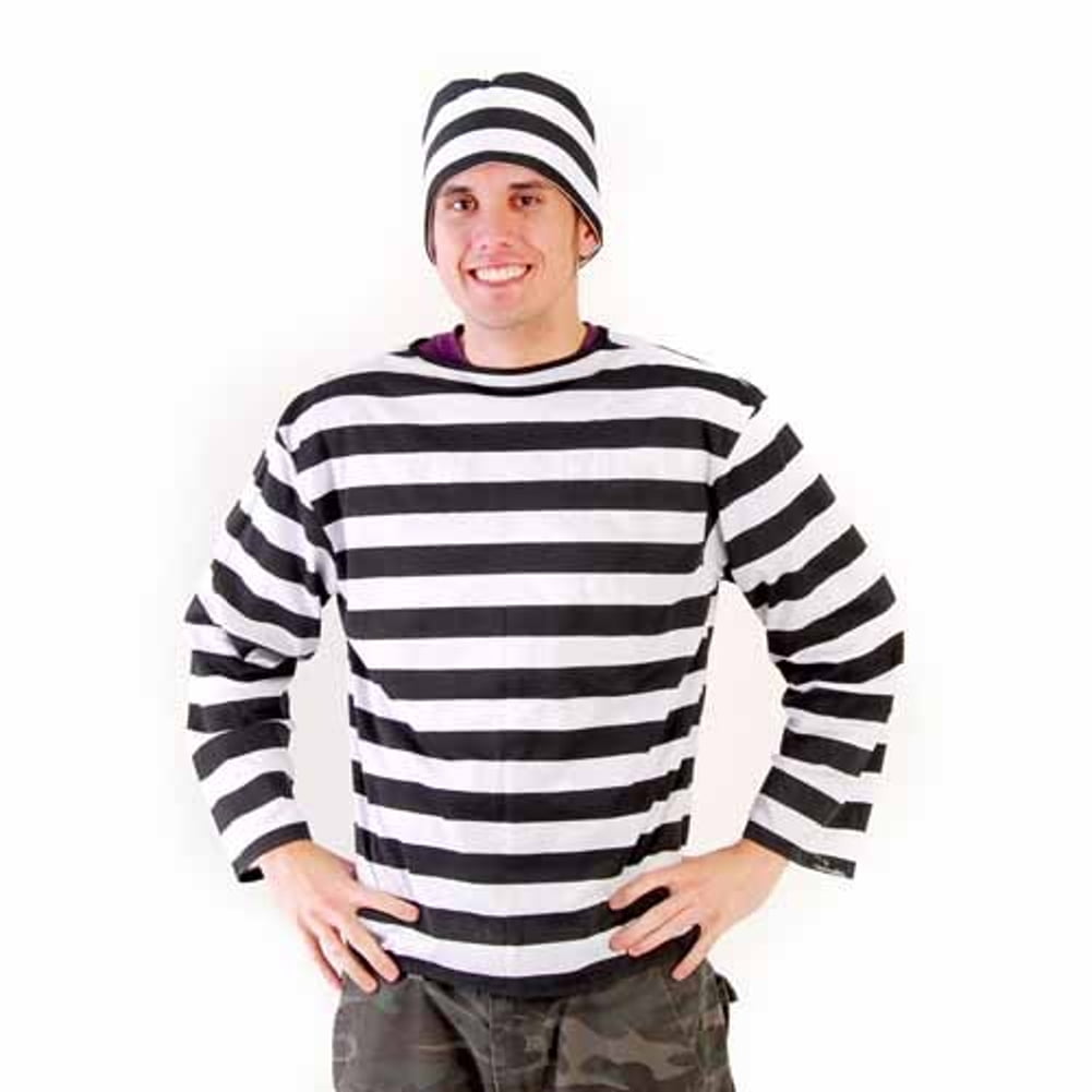 Black And White Striped Prisoner Costume Shirt Hamburgler Thief Robber Adult