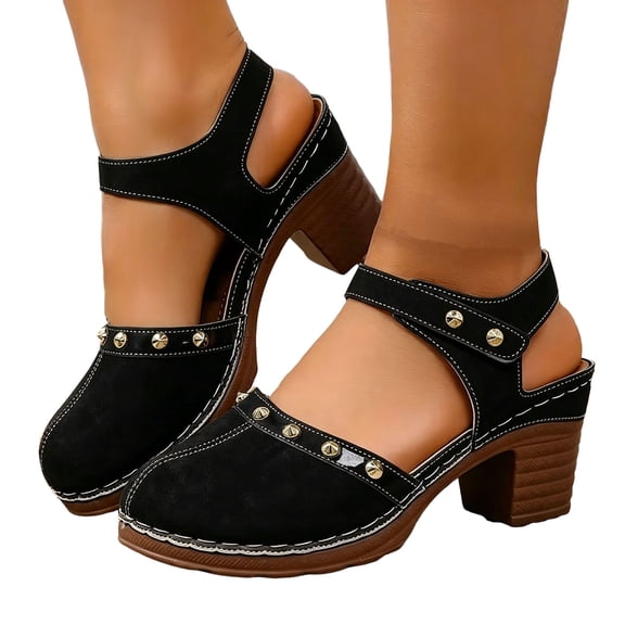 Rokment Women's Closed Toe Dressy Sandals Vintage Casual Studded Suede Ankle Strap Platform Chunky Block High Heels Clogs Mules Comfortable Orthotic Walking Dress Summer Shoes for Beach Black Size 6