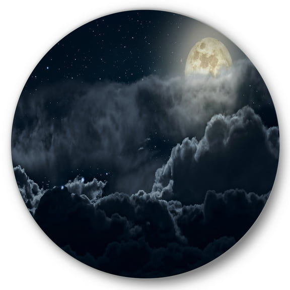 Designart 'Cloudy Full Moon Night With Stars' Nautical & Coastal Circle Metal Wall Art 36x36 - Disc of 36