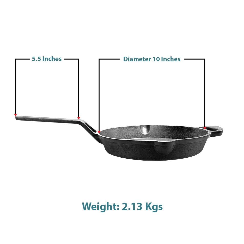 Cast Iron Griddle Pan (Tawa) with Long Handle, Pre-Seasoned Flat Skillet for Roti, Dosa, Pancakes, Tortillas, Heavy-Duty Shallow Frying Pan for Gas, Grill, or Open Fire, 10 Inch