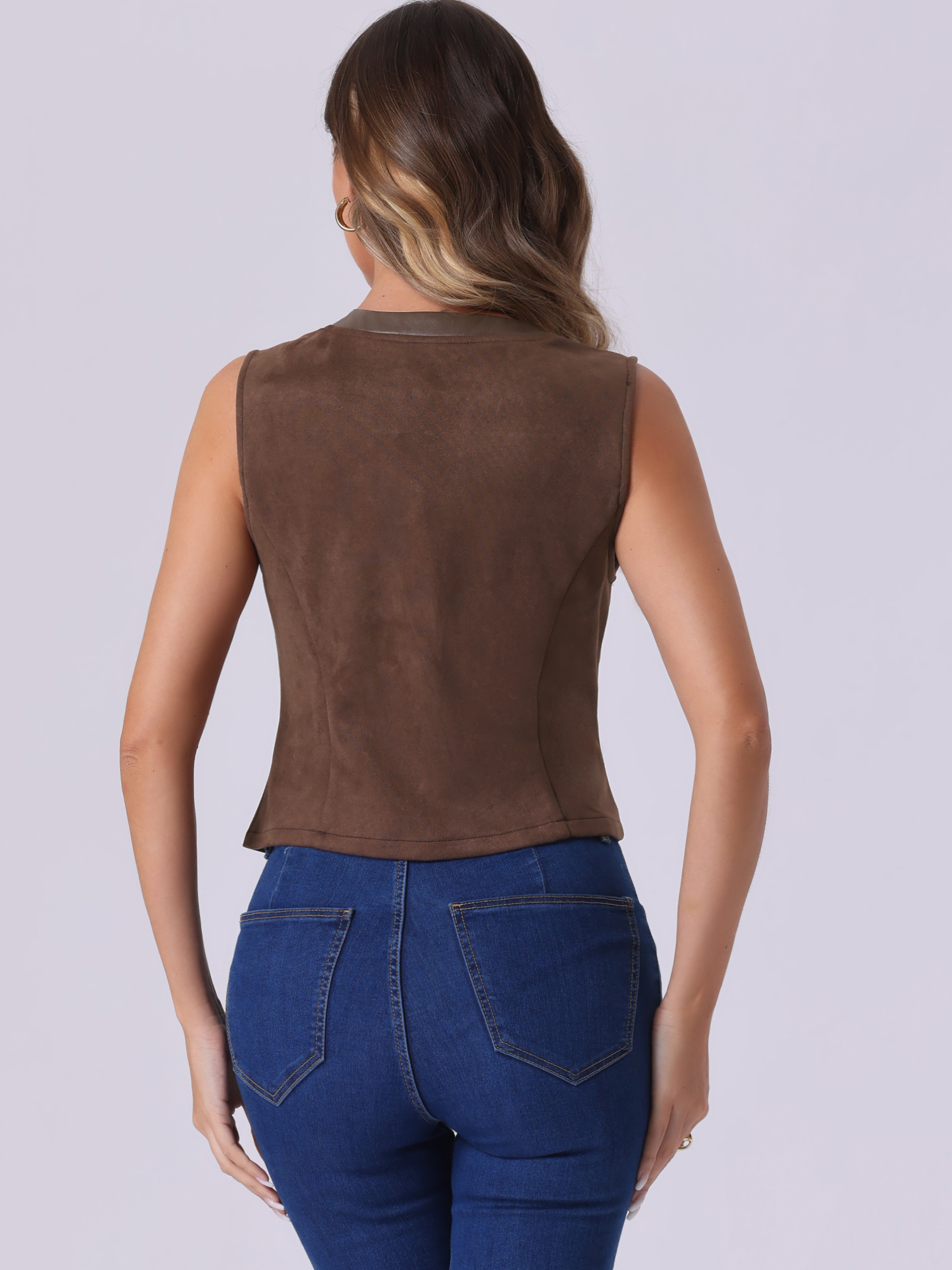 DARING DIVA Women's Vintage V Neck Faux Suede Button Down Sleeveless Jacket Vest XS Brown