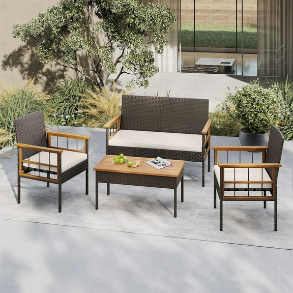 Gymax Set of 4 Wicker Furniture Set w/Acacia Wood Tabletop Armrests Cushions for Backyard White