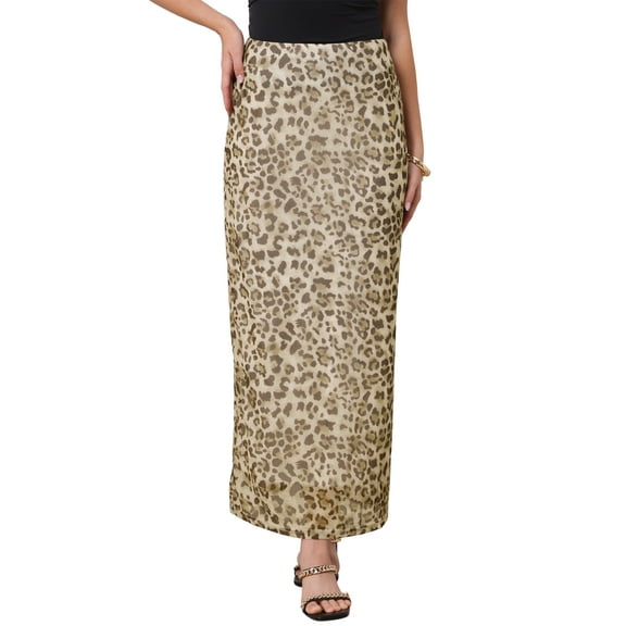 Leopard Skirts for Women Maxi Mesh Elastic High Waisted Bodycon Y2k Slim Fit Trendy Long Skirt S Brown Leopard