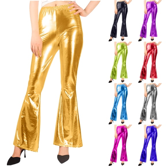 Miluxas Women's High Waist Pants Bright Flare Bell Bottom Trousers Disco Fashion Stretchy Plus Size Leggings Yellow XL(XL)