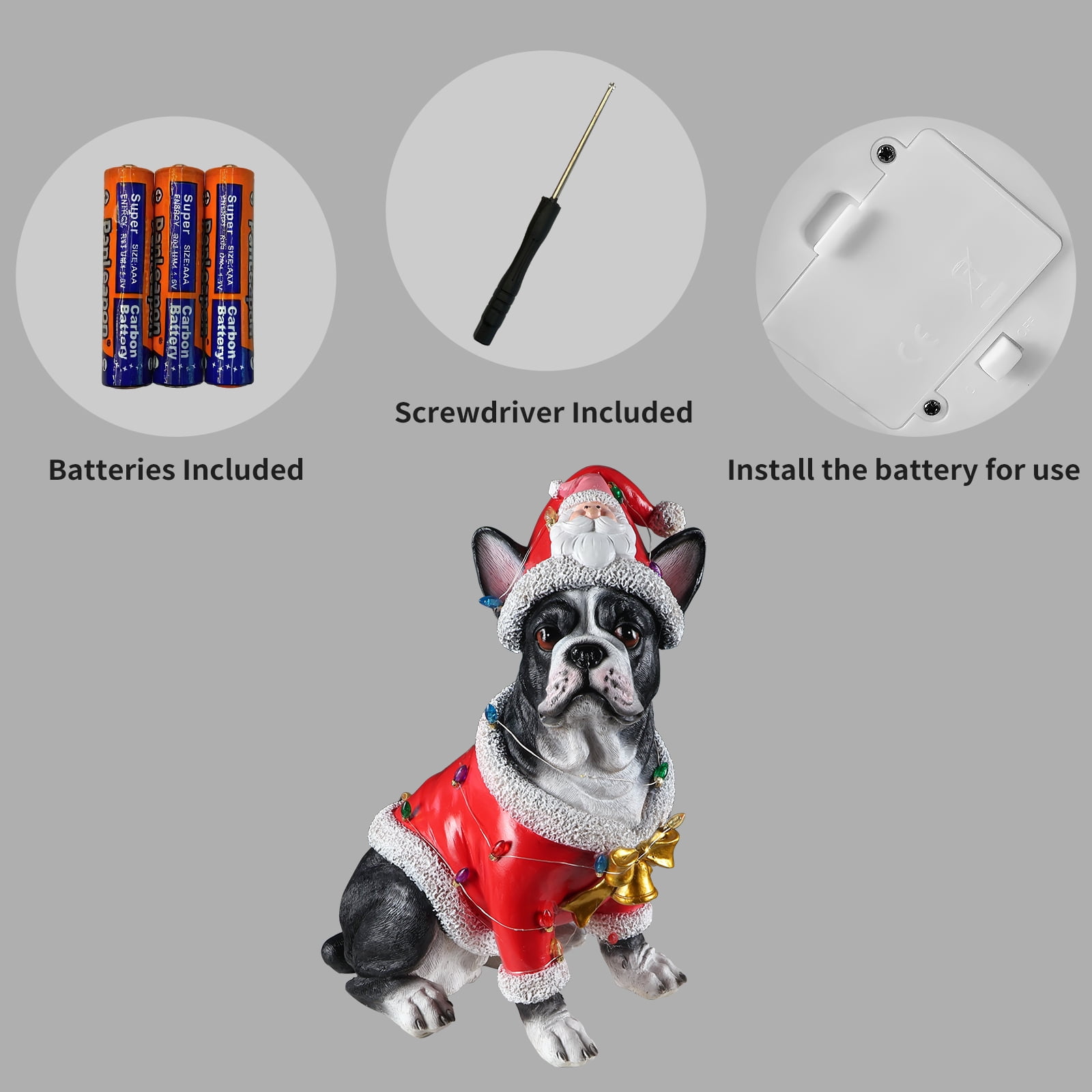 French Bulldog Santa Outfit Christmas Dog Statue with Santa Hat Bulb Accents Holiday Tabletop Decor