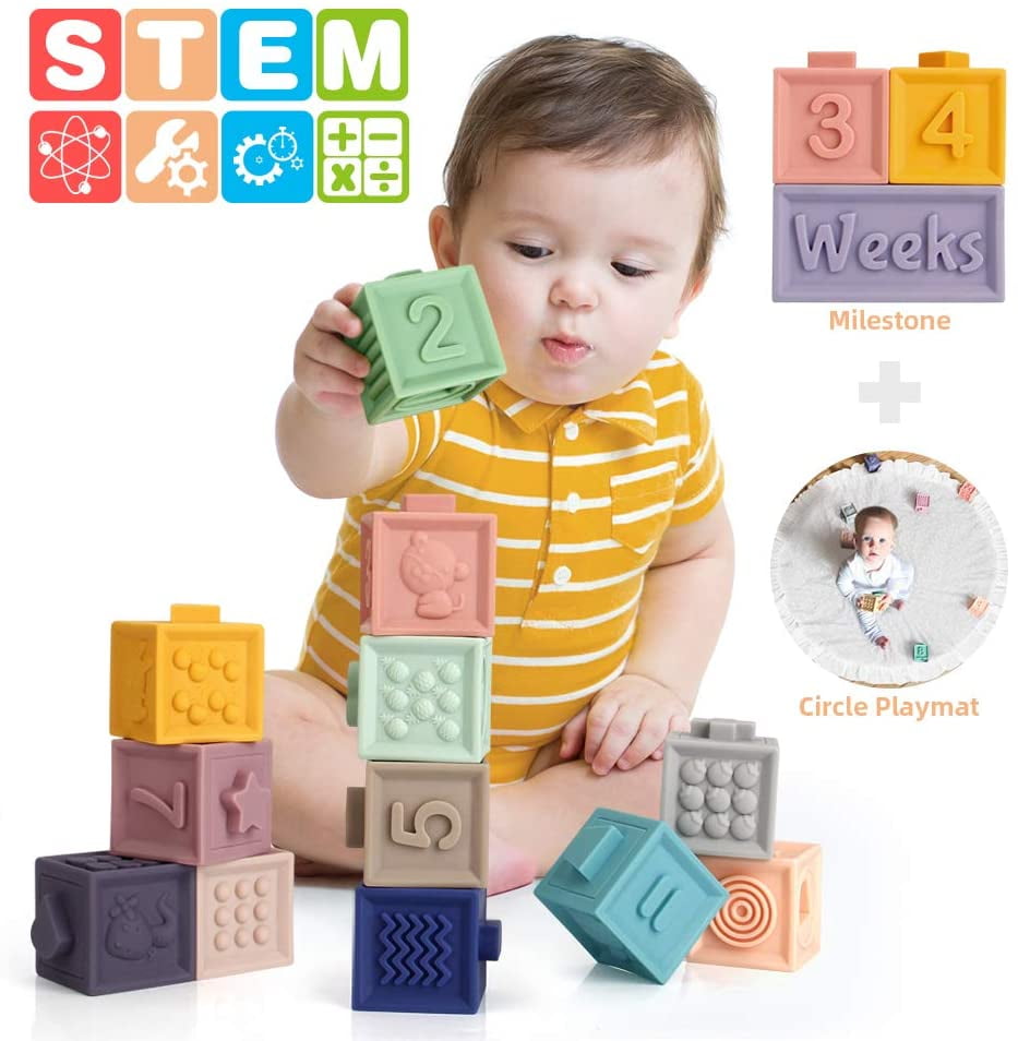 Mini Tudou 14 PCS Baby Blocks Soft Building Blocks Toys w/ Milestone Blocks & Play Mat