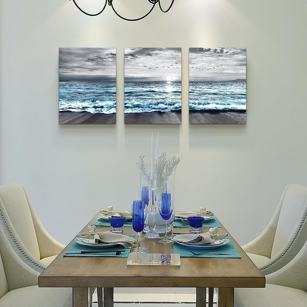 Wall Decorations For Living Room 3 Piece Framed Canvas Wall Art For Bedroom Office Wall Decor Black And White Wall Painting Blue Ocean Sea Wave Pictures Artwork For Modern Beach Posters Home Decor