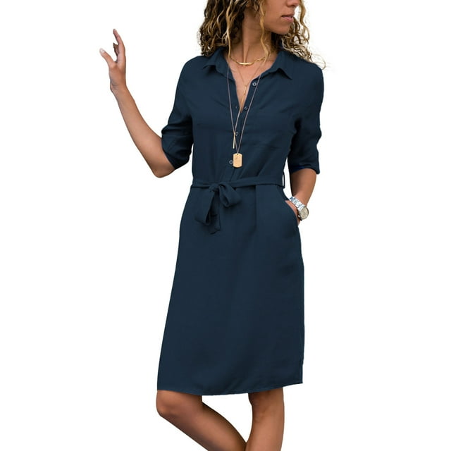 Sonducket Vestido de camisa de mujer Botón Vestido de manga larga Cintura con cordones Ropa Prendas para la parte del cuerpo Azul oscuro S