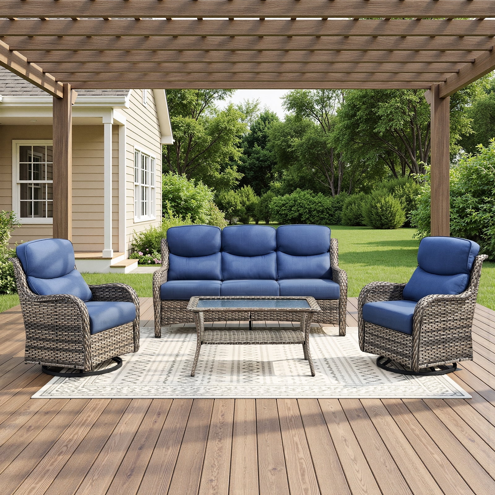 POCASSY 4-Piece Outdoor Patio Furniture Set with Swivel Chairs, Luxury High Back Rattan Wicker Outdoor Conversation Set with 5-inch Thick Seat Cushion Sofa and Swivel Glider Patio Chair for Porch