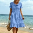 thumbnail image 6 of 2026 Summer Dress for Women Cotton Linen Peter Pan Collar Tie Neck Short Sleeves Ruffled Hem Knee-Length Dress, 6 of 7