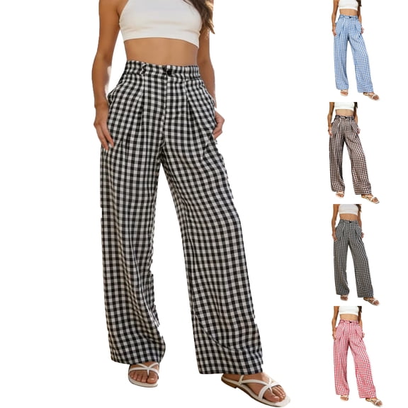 Lenago Pants for Women Plaid Long Pants Casual Trousers Stylish Loose-fitting Trousers With Elastic Waistband Bottoms