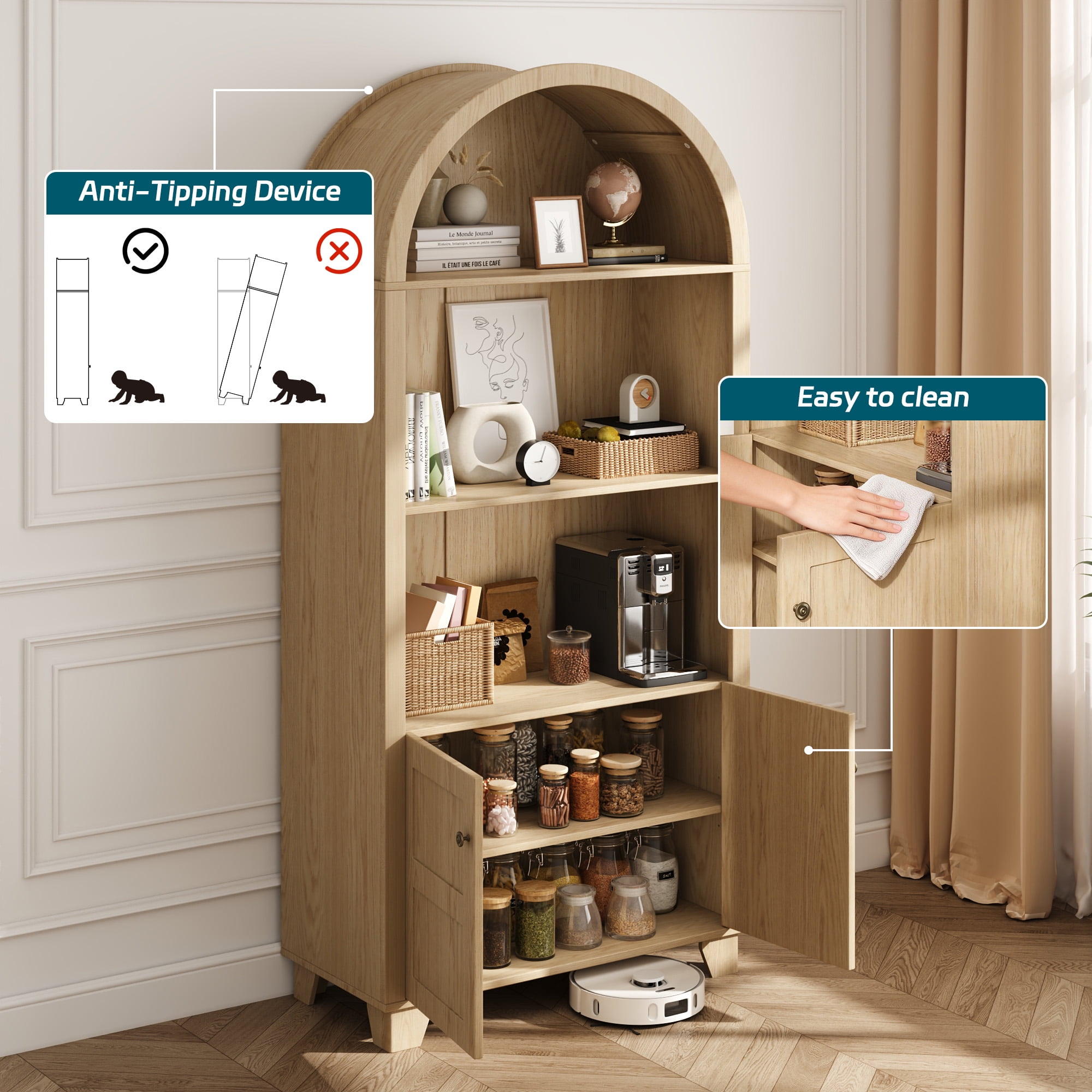 70'' Tall Arched Cabinet, Arched Kitchen Pantry Cabinet with 2 Doors and 5shelves, Open Storage Cabinets Display Bookcase, Versatile Cupboard for Living Room(Wood color)