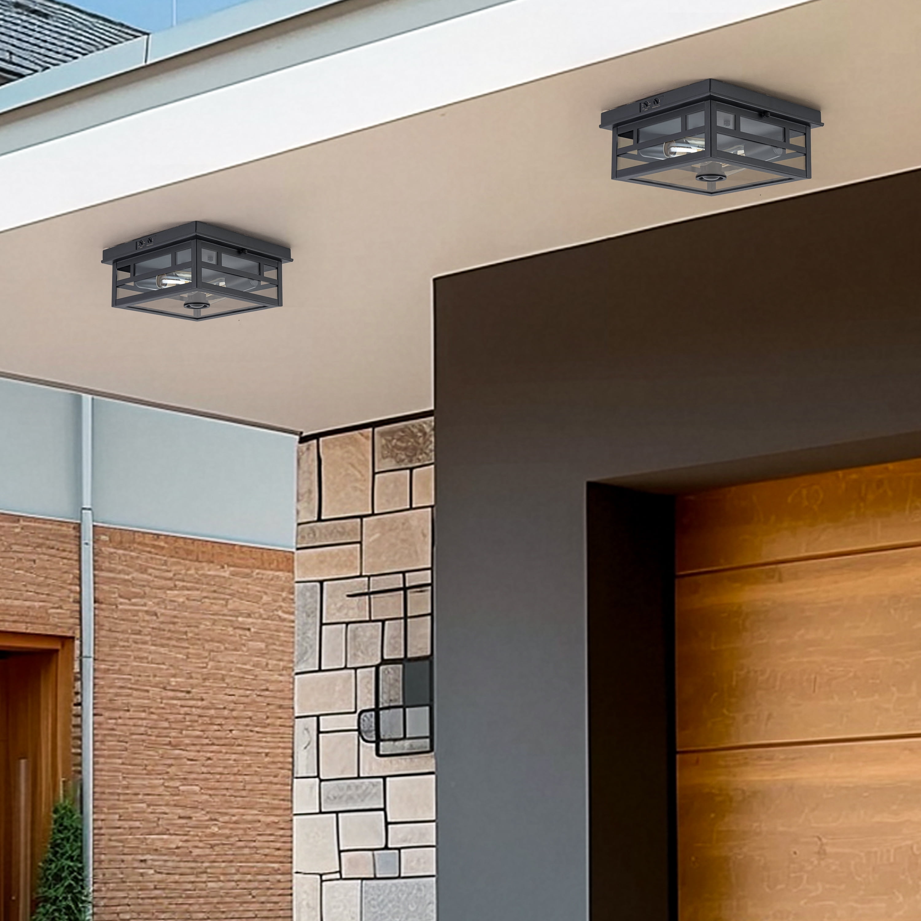 C Cattleya Motion Sensor Dusk to Dawn Outdoor Flush Mount Ceiling Light with Clear Glass Shade