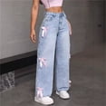 thumbnail image 2 of Pantalones de mezclilla de pierna recta con lazo lindo for mujer, pantalones vaqueros casuales holgados de talle alto, pantalones de moda Y2K con bolsillos, 2 of 6