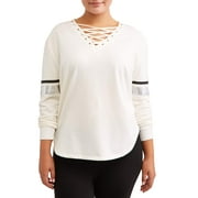 Juniors' Plus Size Long Sleeve Lace Up Front Sweatshirt with Foil Print