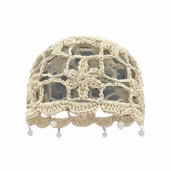 Boho Knit Beanie Hat for Women Summer Crochet Hollow Out Cap with Pearl Pendant