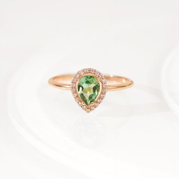 14K Solid Gold Plated Pear Shaped Green Tourmaline (7mm x 5mm) Engagement Ring with Diamond Halo / Yellow, White or Rose Gold / Graduation / Gift