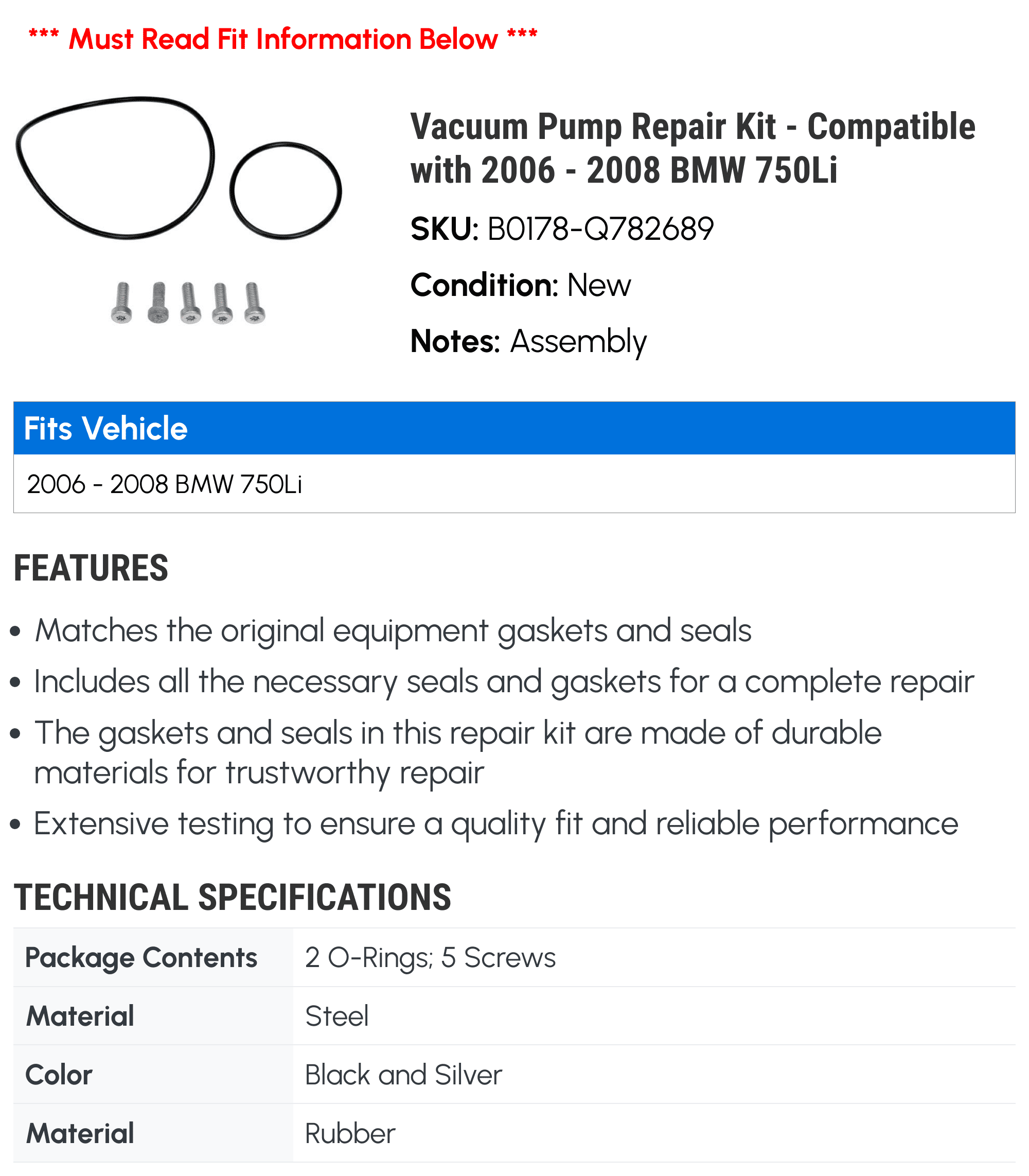Vacuum Pump Repair Kit - Compatible with 2006 - 2008 BMW 750Li 2007