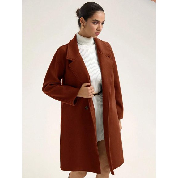 Womens Brown Minimalist Lapel Mid-Length Wool Blend Overcoat