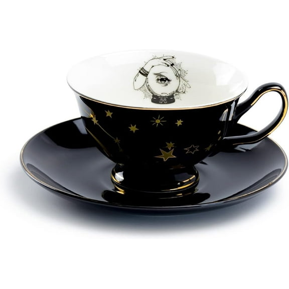Grace Teaware Witchy Crystal Ball Astrology Black Gold Tea Cup and Saucer