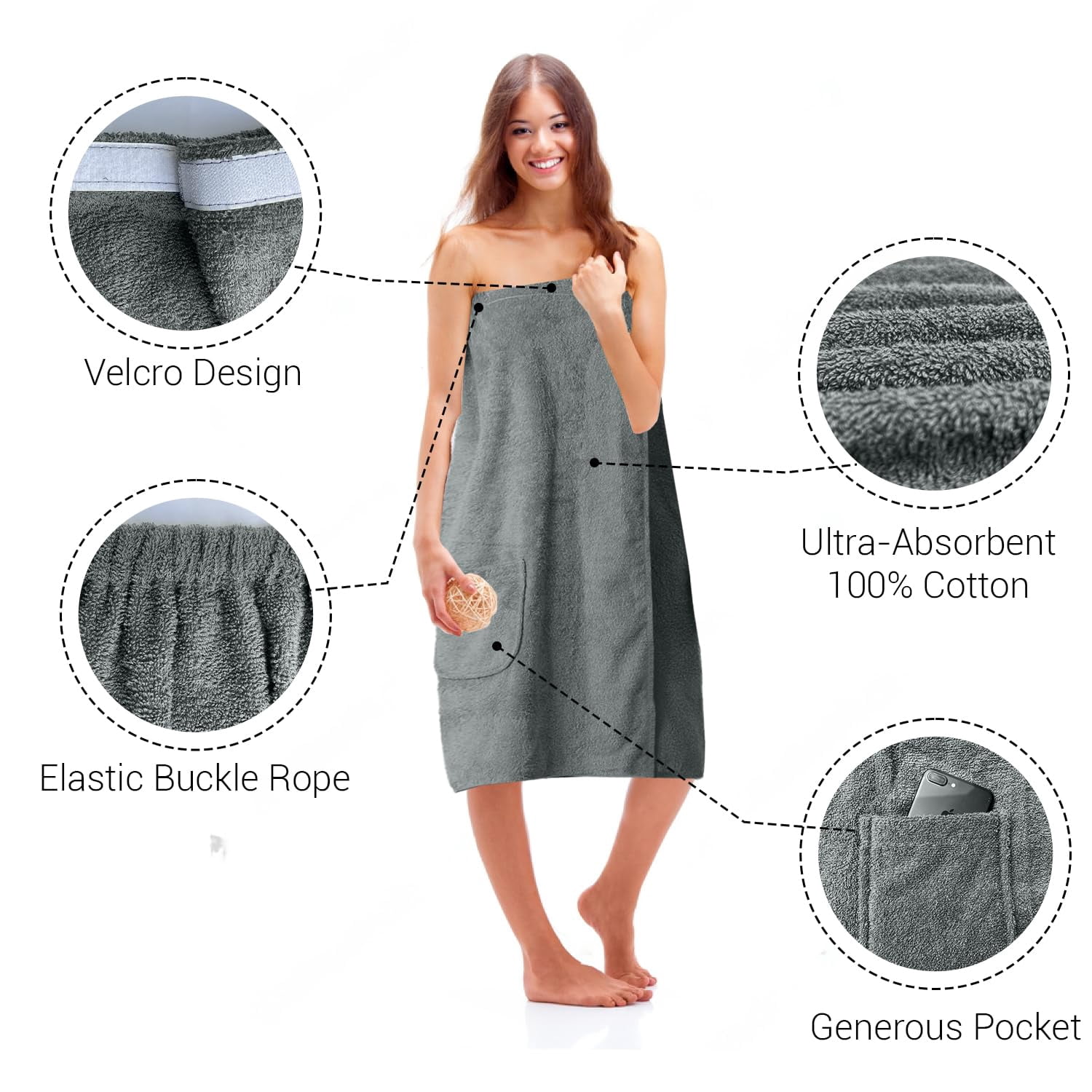 Dan River Shower Wrap With Pocket Pack of 1 Lightweight Terry Cotton Bath Towel Wrap - Gray, 32X60in
