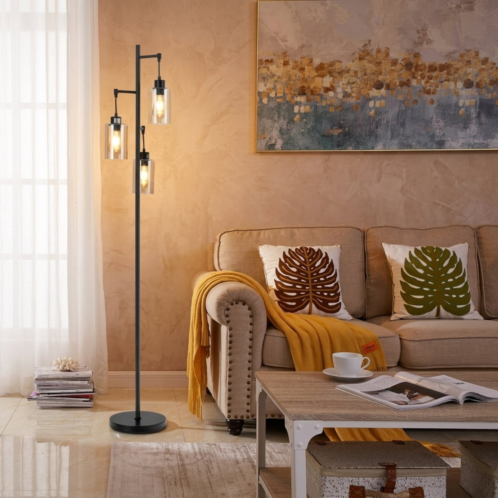 Vebreda Retro Floor Lamp with 3 Hanging Amber Glass Shades and Foot Switch for Living Room Bedroom-Black | Industrial Standing Lamp