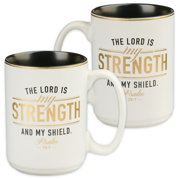 Christian Art Gifts Large Ceramic Encouraging Scripture Coffee and Tea Mug for Men: The Lord is My Strength - Psalm 28:7 Inspirational Bible Verse Novelty Drinkware, White and Black with Gold, 14 oz.