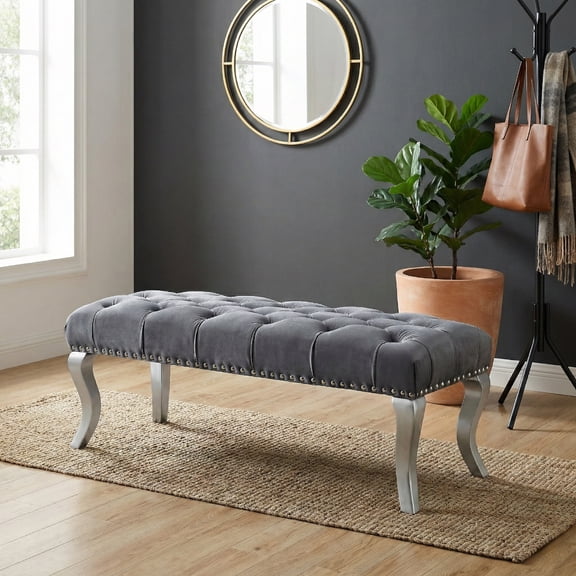 Dtwnek Modern Velvet Upholstered Bench for Living Room, Dining Room, Bedroom, Gray