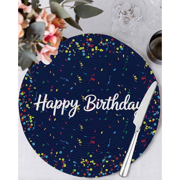 15 Inch Round Placemats Set of 4, Happy Birthday Non Slip Heat Insulation PP Table Mats, Navy Blue Modern Abstract Art Washable Place Mats for Kitchen Dining Party Table Decor