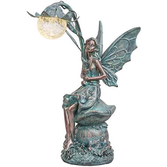 Garden Statues Fairy Sculptures & Statues, Outdoor Solar Light Garden Decor Resin Patina Bronze Figurines for Outdoor Decor, Valentines Decorations Gifts for Women Mom, 13.8''$$Garden & Patio