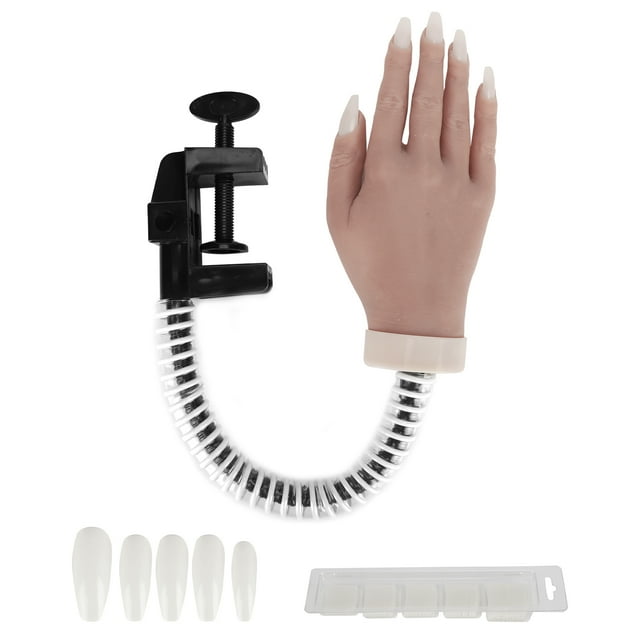 Maniquí de mano de silicona flexible para práctica de uñas, con puntas de uñas postizas para salón de uñas #02