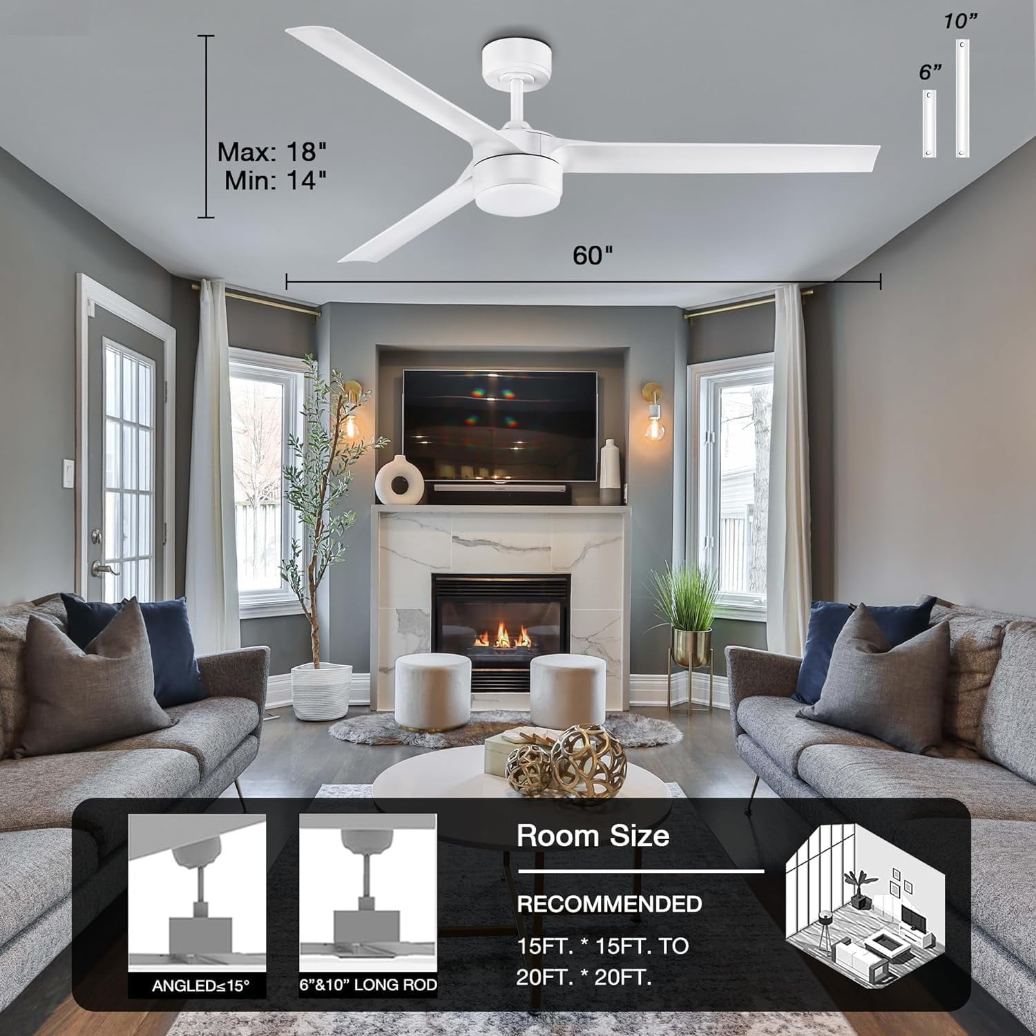 60" Large Smart Ceiling Fans with LED Lights and Remote,Quiet DC Motor,Dimmable,Outdoor Indoor Matte White Ceiling Fan Controlled by WIFI Alexa App,Modern 3 Blade for Bedroom Living Room Patio
