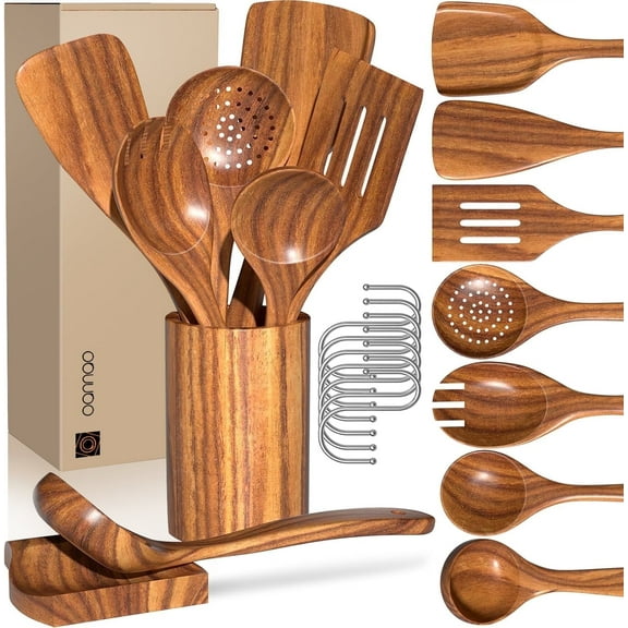 9-Piece Wooden Cooking Utensils for Cooking – Wooden Spoons and Spatulas Teak Wood Kitchen Utensils Set, Holder, Spoon Rest, Hooks, Heat Resistant for Nonstick Cookware BPA FREE