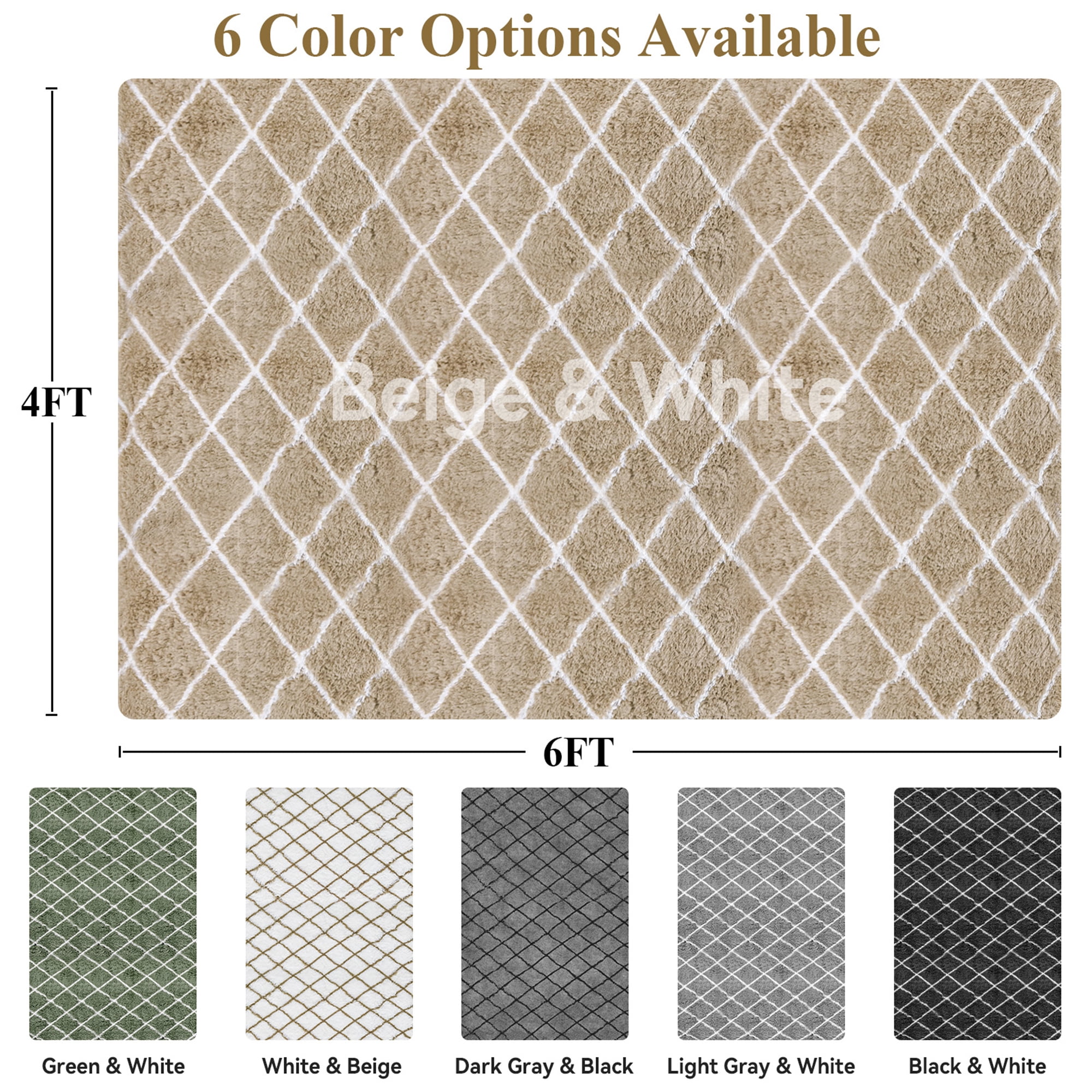 CozyDesg Shag Area Rugs,4'x6' Soft Fluffy Shaggy Carpet for Living Room,Large Rug for Bedroom Dining Room Home Decor Room Decor,Beige & White