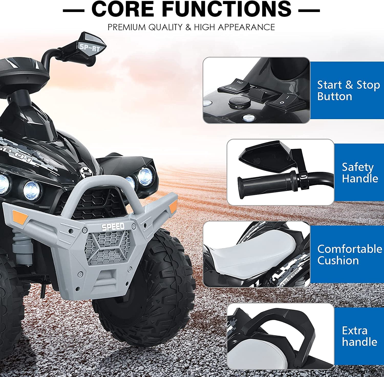 OLAKIDS Kids Ride on ATV, 12V 4 Wheeler Quad Toy Vehicle with Music, Horn, High Low Speeds, LED Lights, Electric Ride On Toy, Battery Powered Wheels Car for Children Over 3 Years Old (Black)