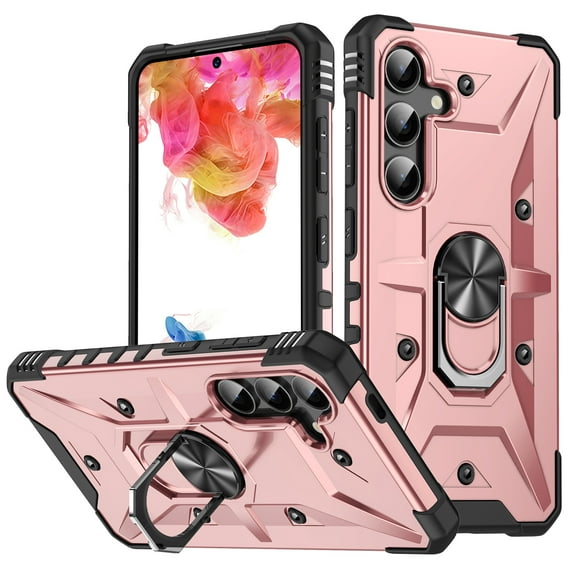 for Samsung Galaxy S25 Case, with Magnetic Car Mount Function, Military Grade Shockproof Non-Slip Case Built-in 360° Rotate Ring Stand for Galaxy S25 - Rosegold