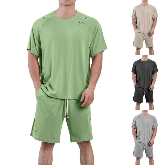 VBTAPA Mens Shorts Sets 2 Piece Casual Summer Outfits Oversized Ripped Raglan T-shirt with Drawstring Waist Shorts Lounge Track Suit Set with Pockets Army Green XXXL