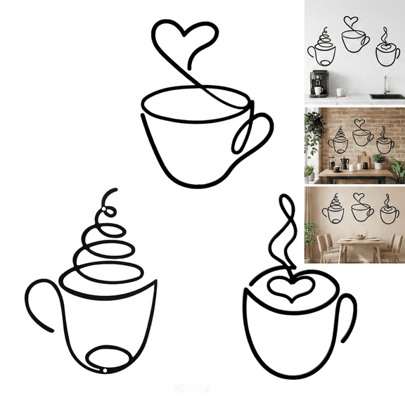 3 Pcs Black Coffee Wall Art, Coffee Sign, Coffee Bar Decor, Kitchen Decor Wall, Coffee Station Decor, Hollow Metal Coffee Cup Wall Art for Home Kitchen Office Restaurant