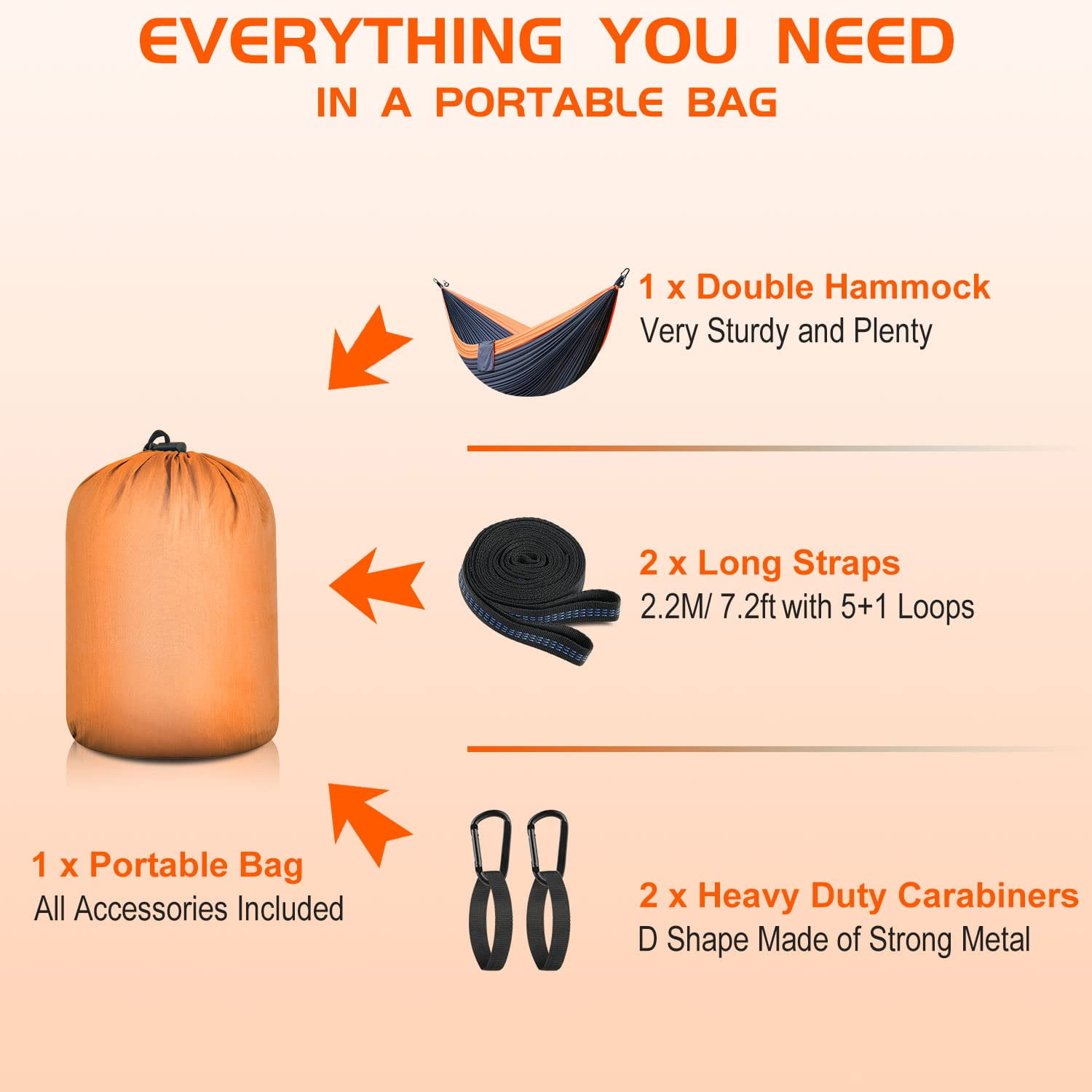Double Camping Hammock - Outdoor Portable Nylon Hammock with 401lbs Capacity, Perfect for Camping, Hiking, and Travel,Orange