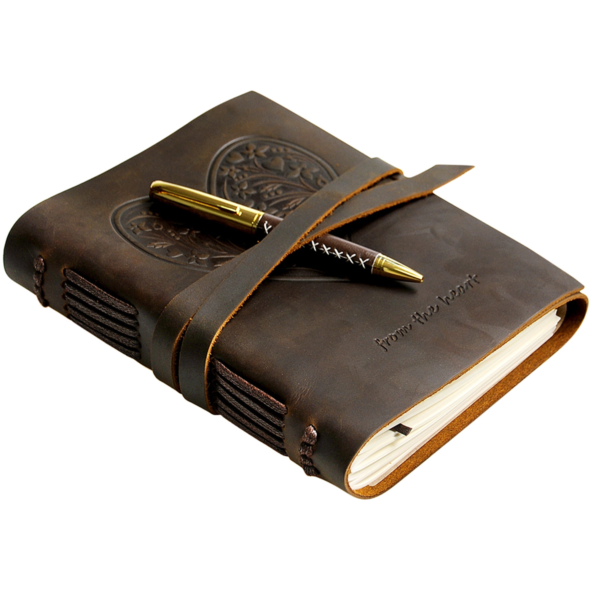 Leather Bound Journal for Women, Handmade Gift Set with Heart Flowers Embossed Journal and Stylish Pen, Vintage and Classic, Notebook, Sketchbook, Planner and Diary (300 Pages) (8x6")