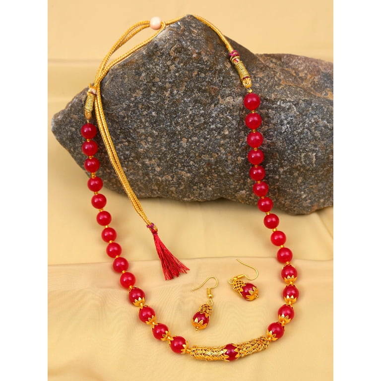 Crunchy Fashion Bollywood Style Traditional Indian Bridal Bride Wedding Gold Plated Red Pearl Diamond Mala Necklace with Earring Jewelry Set for Women