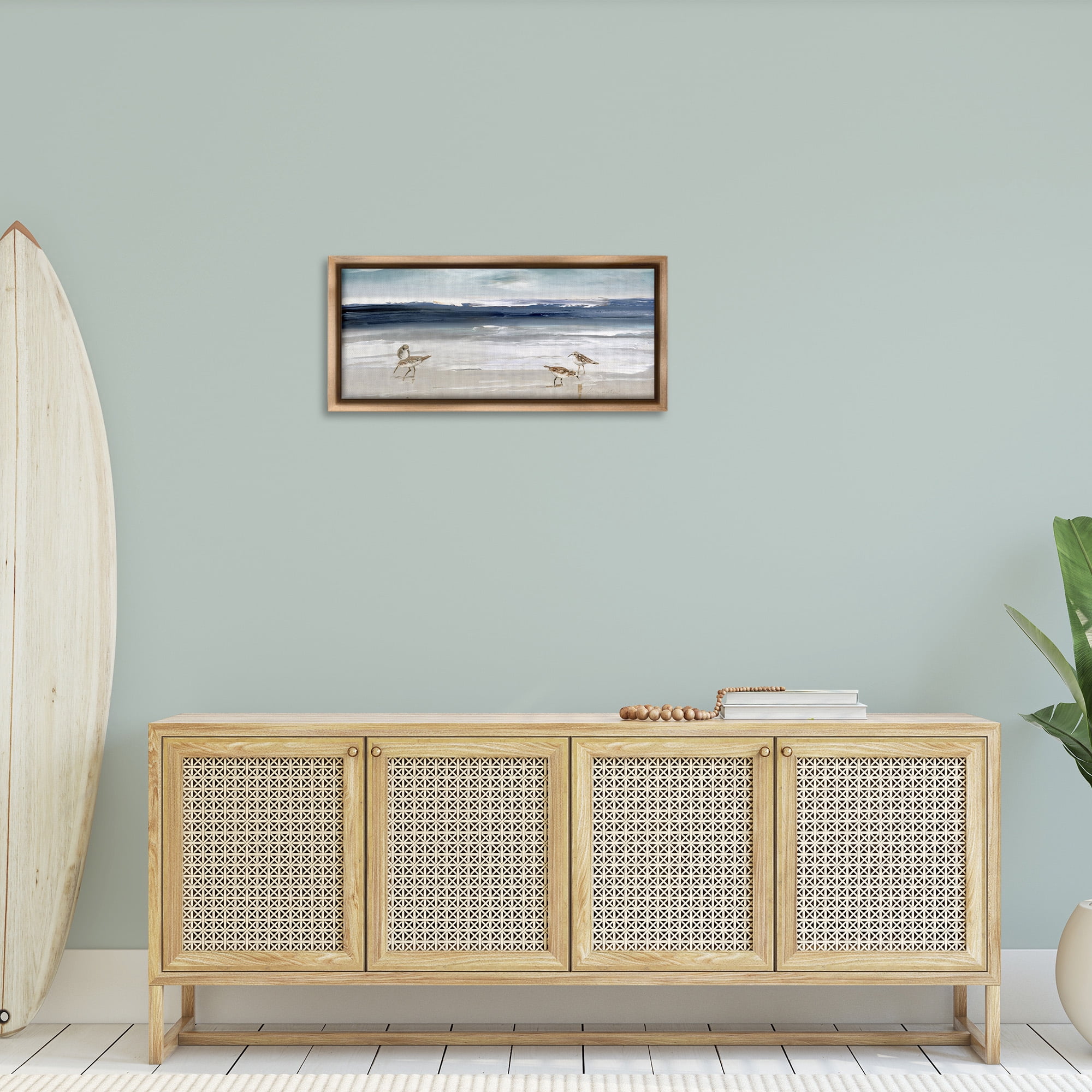 Stupell Industries Sandpipers Grazing Sea Shore Nature Painting Brown Floater Framed Canvas Art Print Wall Art, 31 x 14