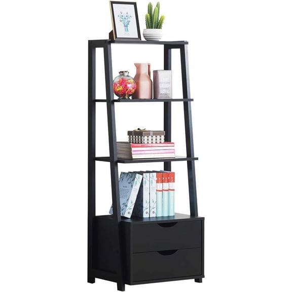 BarefHaven 4-Tier Ladder Shelf with 2 Drawers, 52.5" Tall Freestanding Bookcase, Shelving Unit Display Rack with Storage for Bedroom, Living Room, Home Office (1, Black)