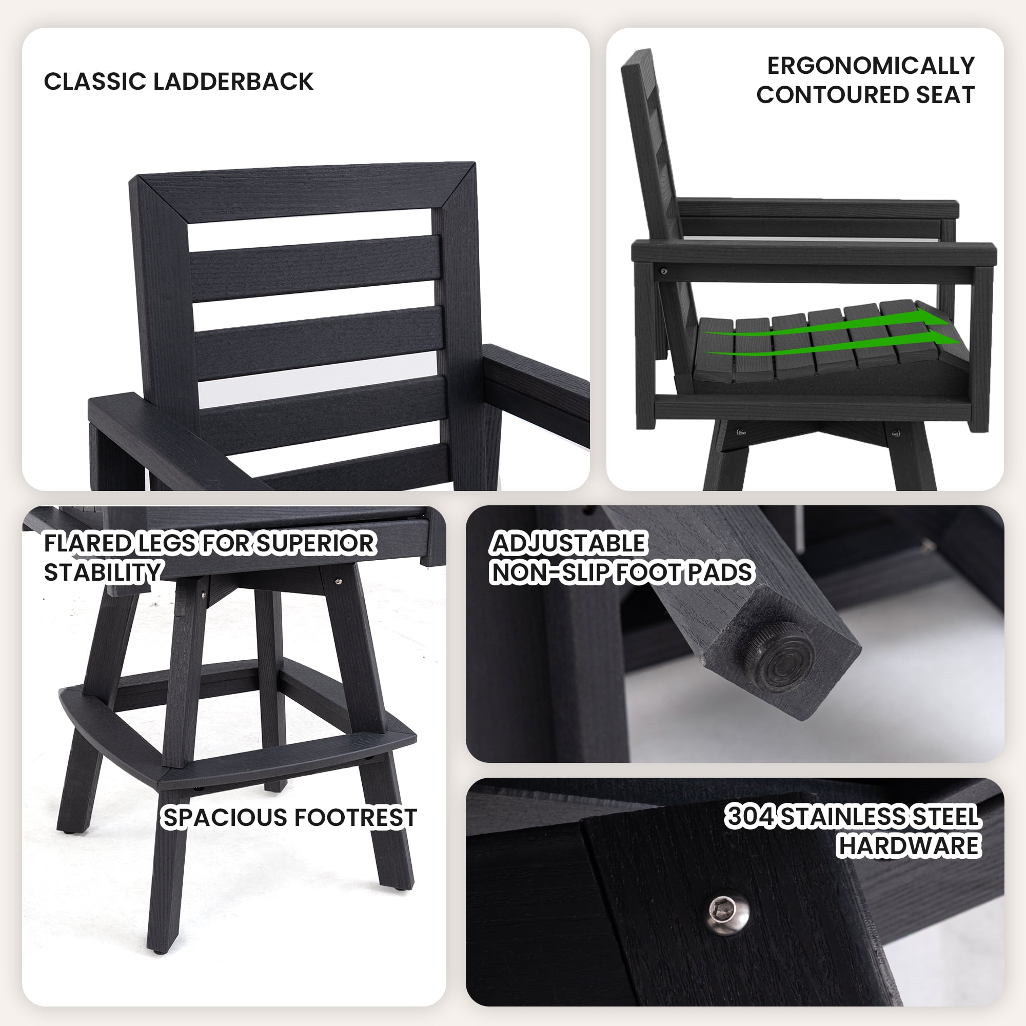 Outdoor Swivel Bar Stools, Carbon High-Density Polyethylene Patio Bar Chair with 360 Swivel for Deck, Hot-Embossed Wood Grain