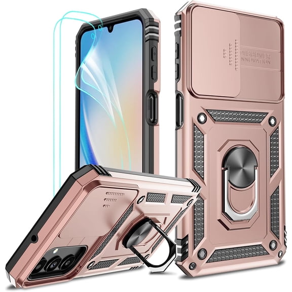 for Samsung A24 4G Phone Case, Galaxy A24 4G Case with Slide Camera Cover   [2 Pack] Screen Protector, Military-Grade Protective Case with Kickstand for Samsung A24 4G, Rose Gold