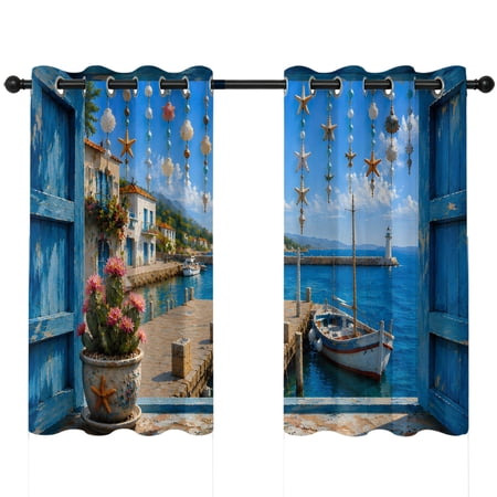 Coastal Sailboat Blackout Curtains 54 Inches Long Open Window Summer Marine Seashell Garland Ocean Thermal Insulated Room Darkening Drapes with Grommets for Living Room 42 W x 54 L 2 Panels