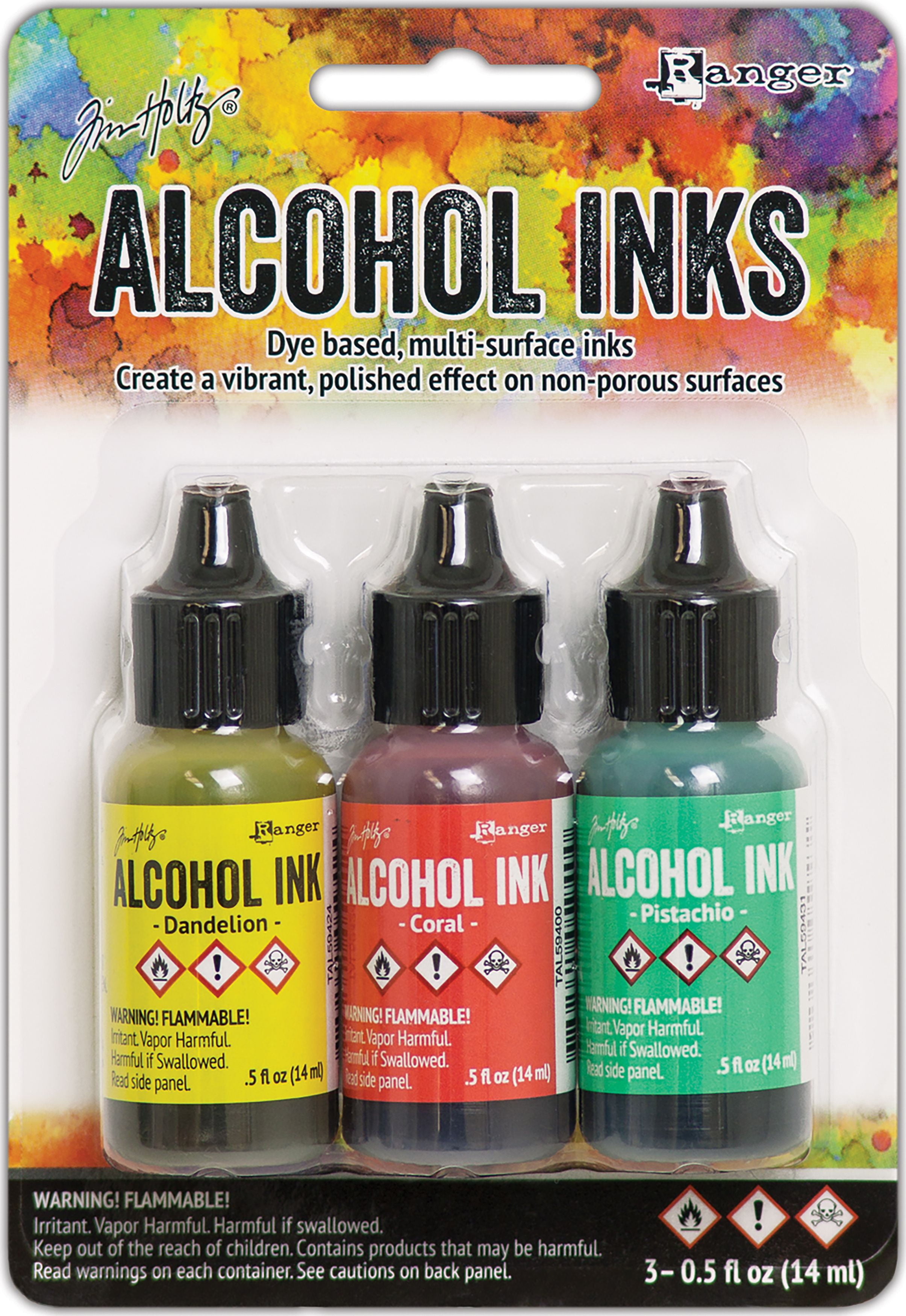 Tim Holtz Alcohol Ink .5oz 3/Pkg-Key West-Dandelion/Coral/Pistachio, Fabric Dye