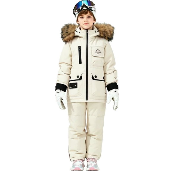 TEAJOPSUU Toddler Baby Boys Girls Snow Suits Thick Faux Fur Hooded Down Jacket & Ski Bib Pants Set Kids Skisuit Set Winter Windproof Waterproof Clothes 1Y-6Y C-Beige