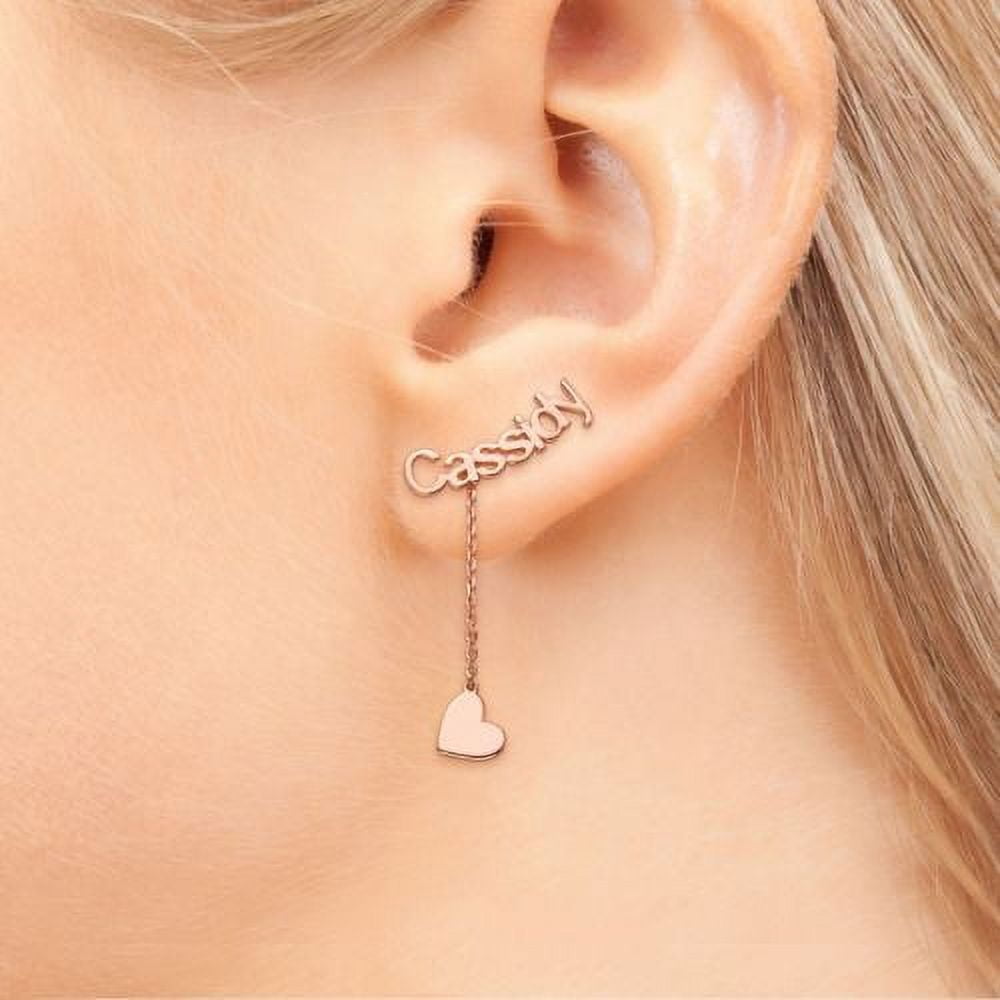 Personalized Planet Women's Rose Gold over Sterling Name with Heart Charm Dangle Crawler Earrings